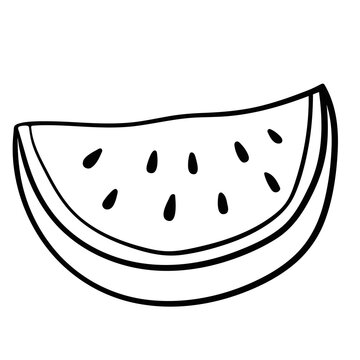 Linear drawing of a juicy watermelon slice in doodle style.