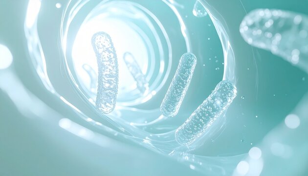 腸活サプリメントや発酵食品をイメージした乳酸菌CG、マイクロバイオームをテーマにした抽象背景 ジェネレーティブAI