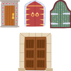 Obraz premium Assorted collection of illustrative medieval doors featuring various architectural styles, ornate details, and decorative elements creating a historical and fantasy portal concept