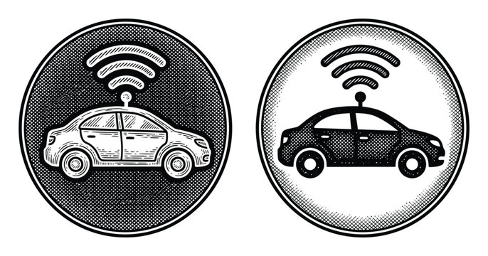 Vintage style engraved of autonomous self-driving cars with wireless connectivity in circular frames