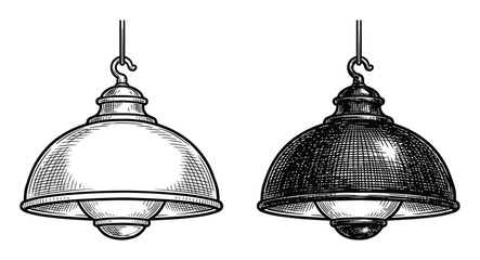Vintage style hanging pendant lamps with dome shades in a detailed black and white hand-drawn © ThephotoLab
