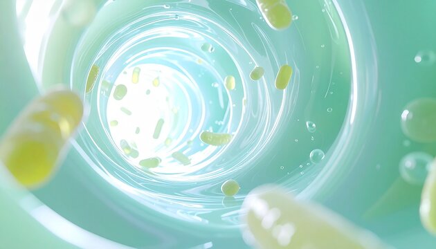 発酵美容と腸内環境改善をテーマにした乳酸菌サイエンスCG、マイクロバイオーム研究をイメージした背景 ジェネレーティブAI