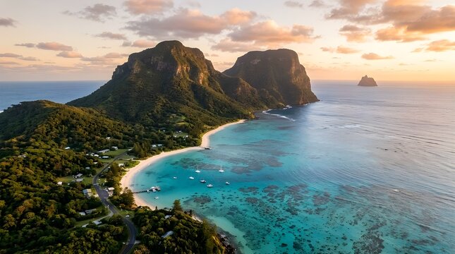 Aerial view of lord howe island with mount gower and turquoise lagoon