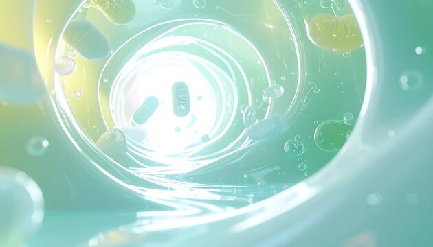 善玉菌が活発に働く腸内環境を表現したサイエンスCG、プロバイオティクスとインナービューティーをテーマにした背景 ジェネレーティブAI