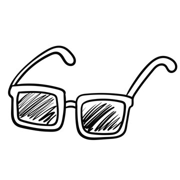 Black and white vector outline drawing of fashionable sunglasses with square frames and shaded lenses. Isolated graphic element in doodle style, perfectly suited for fashion, summer vacation,