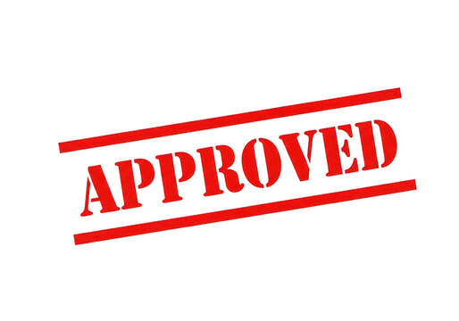 Red approved rectangular stamp sign for official verification and authorization processes indicating successful completion of business tasks isolated on a transparent background