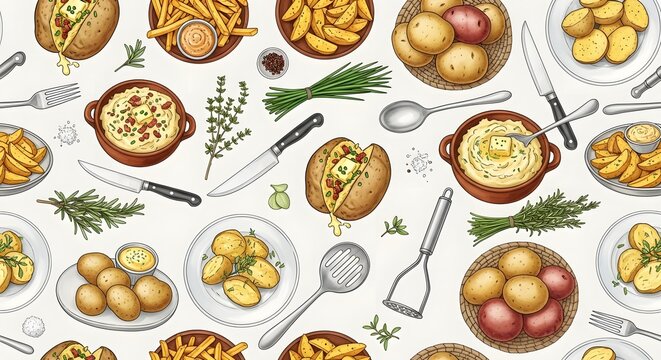 Seamless pattern with various potato dishes, herbs, and kitchen utensils