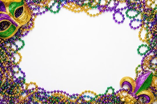 Mardi Gras Mask and Beads Frame: A festive border crafted from vibrant Mardi Gras beads and a masquerade mask, inviting revelry and celebration, perfect for event invitations and decorations.