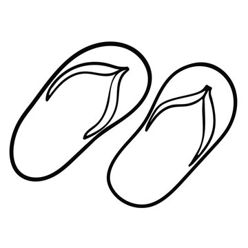 Black and white vector outline drawing of a pair of summer flip-flops. Simple isolated graphic element in doodle style, perfectly suited for summer and beach designs, travel brochures, coloring pages,