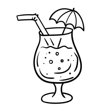 Linear drawing of a tropical cocktail with a straw and an umbrella in doodle style.