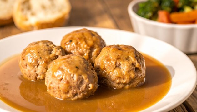 Plump meatballs covered in rich brown gravy on a plate. Savory ground meat spheres swimming in thick sauce offer a warm, comforting meal. Perfect for culinary blogs and home cooking content meal