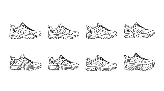Athletic trail running shoes displayed in a clean row against a white background