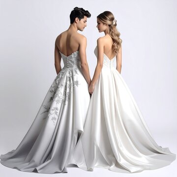 Elegant brides in matching white wedding gowns.