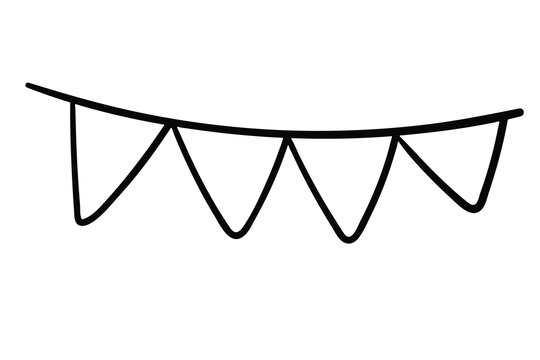 Black and white vector outline drawing of a garland with triangular flags. Simple isolated graphic element in doodle style, perfectly suited for decorating holidays, parties, birthdays, kids' projects