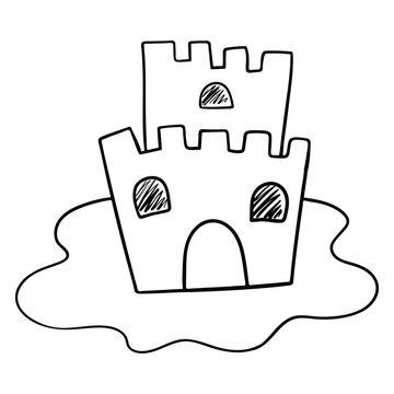 Black and white vector outline drawing of a fairy-tale sand castle with towers and windows. A fun isolated graphic element in doodle style, perfectly suited for summer and beach designs, kids' project