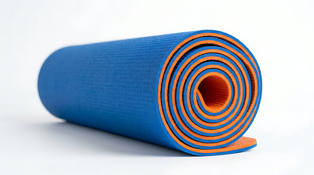 A blue and orange rolled-up yoga mat or exercise mat with a white background, showcasing its vibrant colors and spiral design.