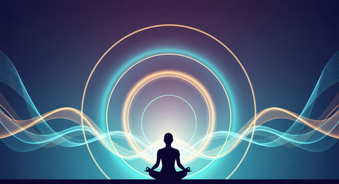 Silhouette of person meditating in lotus pose with energy ripples