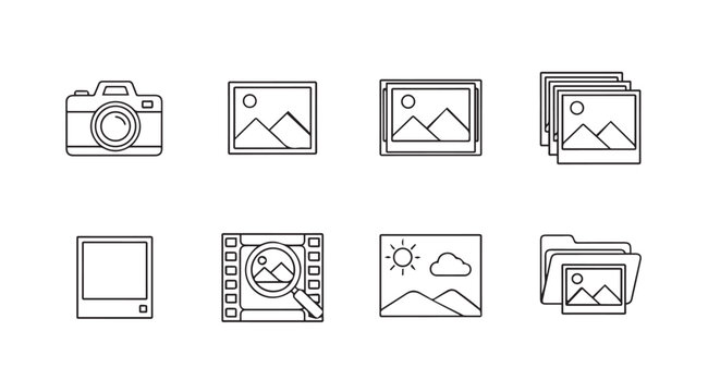 Camera and photo icons in minimal line art style with landscape scenes
