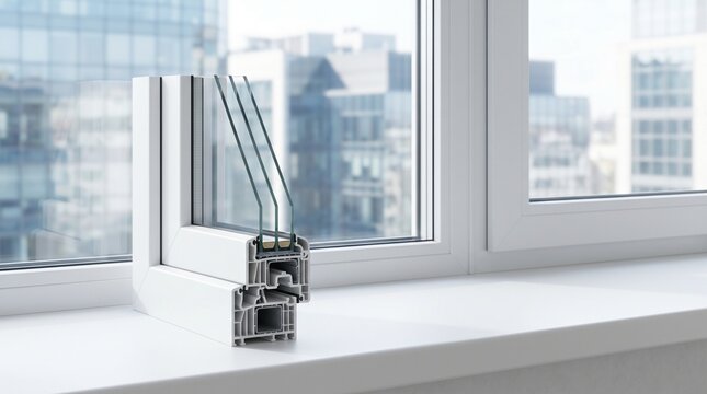 Secci&oacute;n transversal de un perfil de ventana de PVC blanco con triple acristalamiento. Muestra de exhibici&oacute;n sobre alf&eacute;izar para servicios de instalaci&oacute;n, aislamiento t&eacute;rmico y construcci&oacute;n, con fondo 