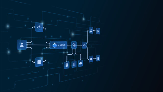 AI workflow automation artificial intelligence. ai agent network diagram connecting node input, processing flow, ai model and automation system.