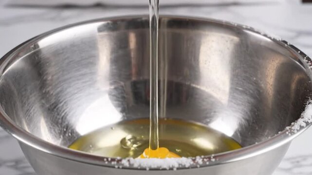 Close up view of cracking two fresh eggs into stainless steel bowl to prepare ingredients for baking