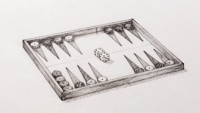Black-and-white pencil sketch rectangular wooden backgammon board clear surface divided sections each represen