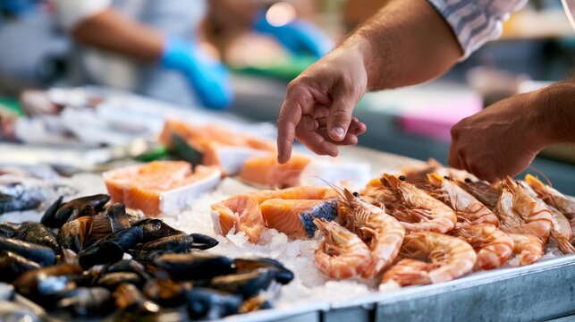 Man's hands choosing fresh salmon steaks, raw shrimp and mussels on crushed ice at a fish market counter, showcasing a variety of seafood for sale and selection