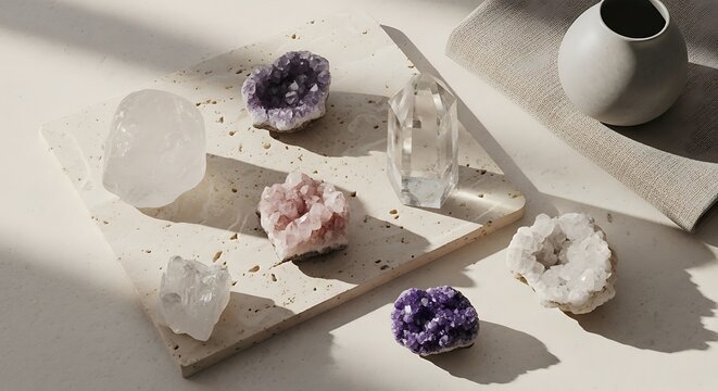 A collection of various crystals arranged on a stone tray featuring amethyst, quartz, and geode specimens in a minimalist sunlit home decor setting