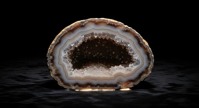 A stunning cross-section of a banded agate geode featuring sparkling crystals, showcased on a dark textured surface against a deep black background