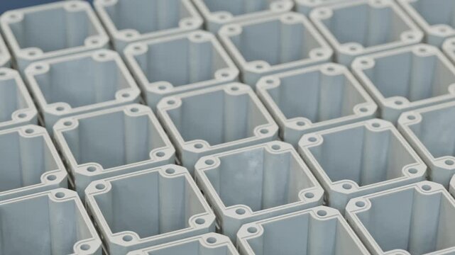 Close up of industrial plastic enclosure housings arranged for production and assembly, showcasing precision manufacturing, engineering quality and mass production workflow.