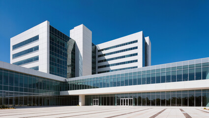 Obraz premium Modern Hospital Building with Glass Facade Under Blue Sky