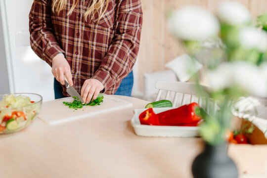Unrecognizable woman chopping herbs for fresh salad in bright cabin kitchen