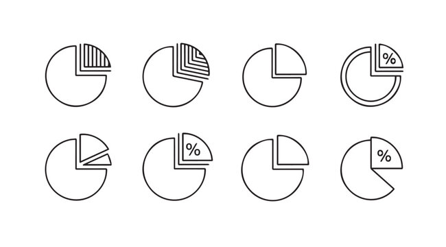 Collection of eight simple line art pie chart icons with varied segments and percentage symbols
