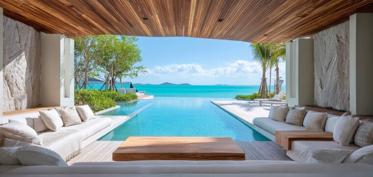 Luxury resort open air lounge overlooking tropical infinity swimming pool