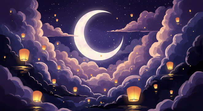 Stargazing and floating lanterns in the night sky