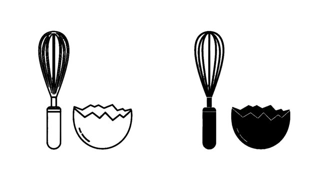 Minimal black silhouette icon, simple flat vector, bold black shape, no, no shading whisk and broken egg shell icon set on a, flat icon style