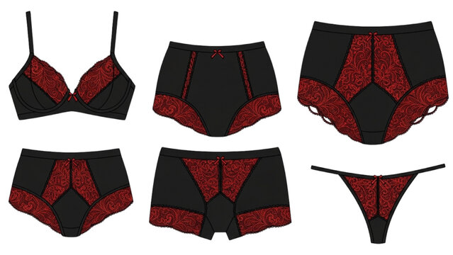 A set of 2D CAD Vector lingerie including a bra, boyshorts, and thongs
