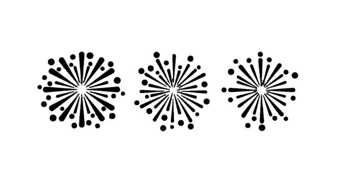 Minimal black silhouette icon, simple flat vector, bold black shape, no, no shading set of three hand drawn firework bursts on a, flat icon style