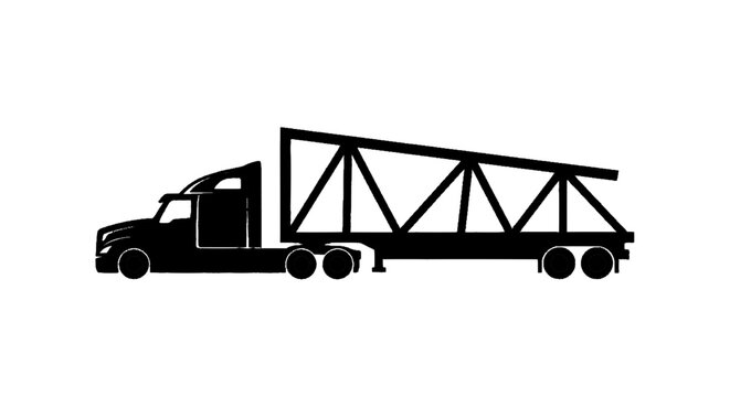 Minimal black silhouette icon, simple flat vector, bold black shape, no, no shading silhouette of a semi truck with a flatbed trailer carrying a steel truss on a, flat icon style