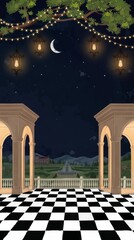 Obraz premium Indian Wedding Invitation Night Balcony View with Moon Template Background