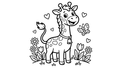 Giraffe standing in flowers with butterfly and hearts around cute animal illustration