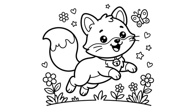 Cute cartoon squirrel jumping in air with flowers and butterflies around