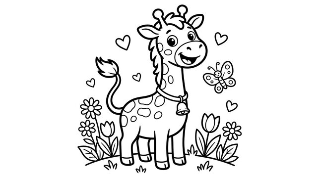 Giraffe standing in flowers with butterfly and hearts around  cute animal illustration