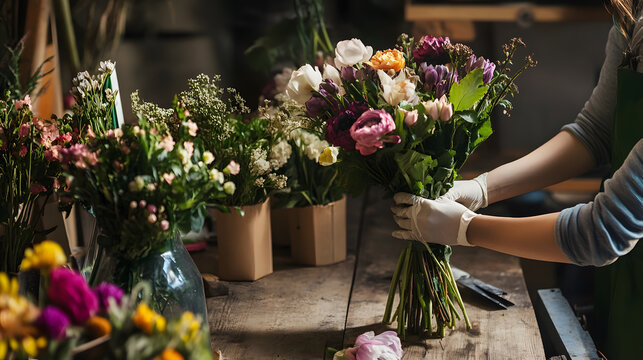 A beautiful bouquet of pink roses and spring flowers blossoms in a garden arrangement, creating a stunning floral decoration for a wedding table
