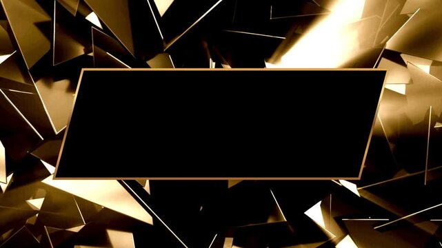 Luxury background template of floating golden polygonal shards with a black text box. Premium footage for luxury brand presentation, high-end advertising, intro, opener, and car dealership.