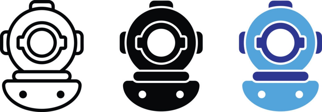 Antique underwater scuba equipment retro ocean exploration vector icons illustration.