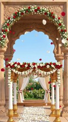 Fototapeta premium Wedding Invitation Mandap Decorated with Red and White Roses and Petals Template Background