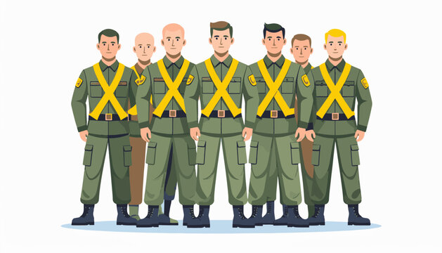 Group of men in military-style uniforms with yellow harnesses