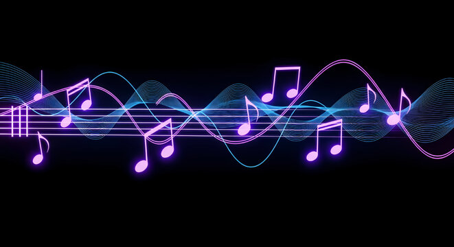 Abstract musical notes and glowing sound waves background