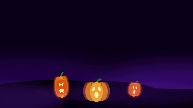 Animated halloween jack o lantern pumpkins glowing in dark field minimalist motion graphics loopable spooky holiday background for creative projects